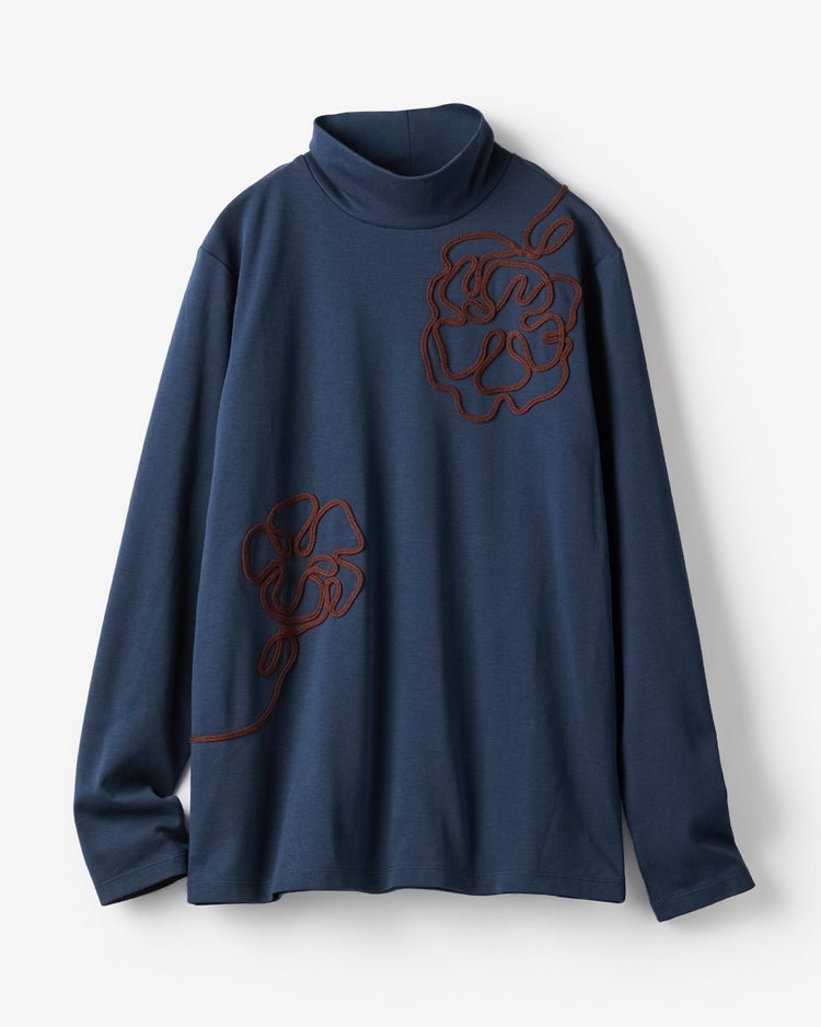 超長綿ハイネック／フラワーモチーフ 詳細画像 ネイビー 2