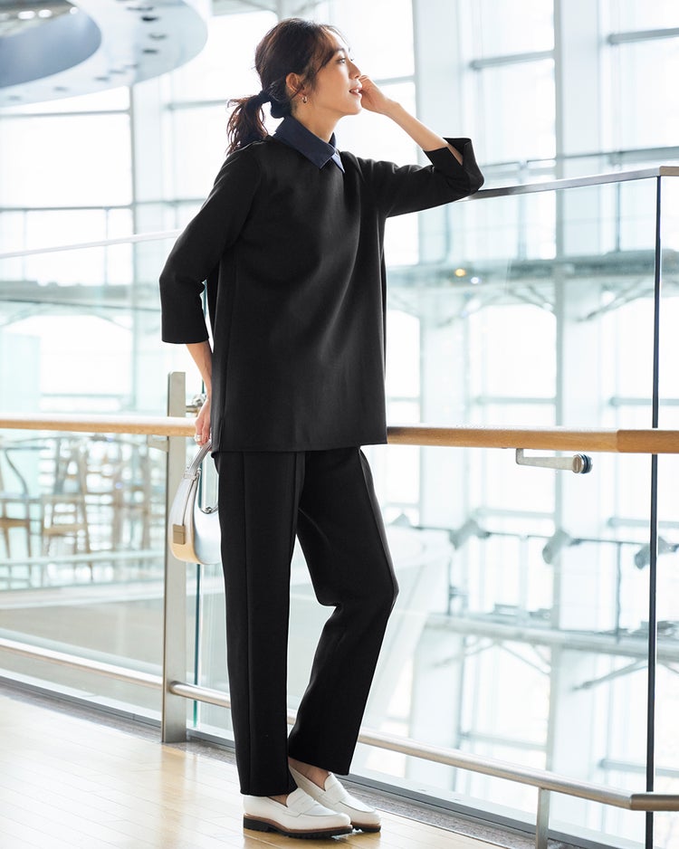 ライトダンボールニット・浅Vフレアトップス 詳細画像 ブラック 1