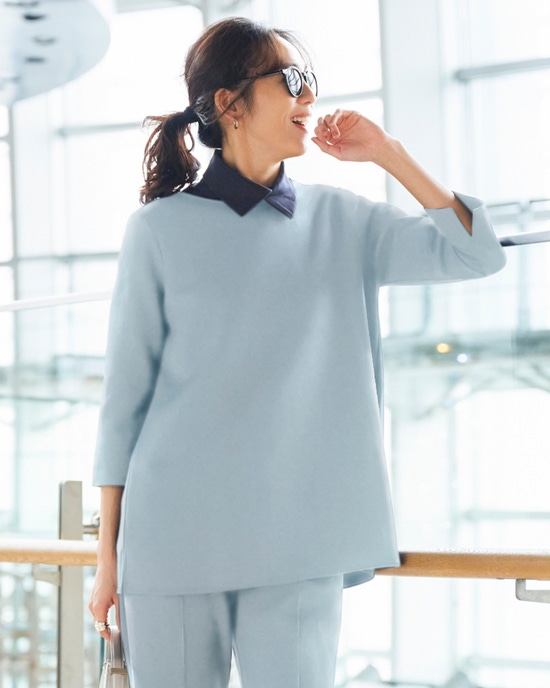 ライトダンボールニット・浅Vフレアトップス