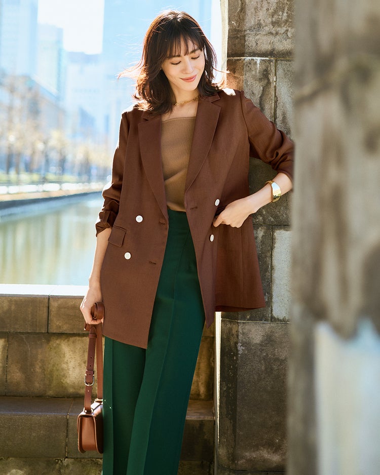 リネン混ストレッチ・ダブルジャケット 詳細画像 ブラウン 1