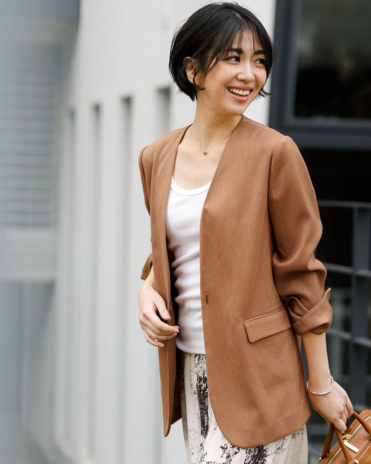 リネン混ストレッチ・ノーカラージャケット 詳細画像 ベージュ 1