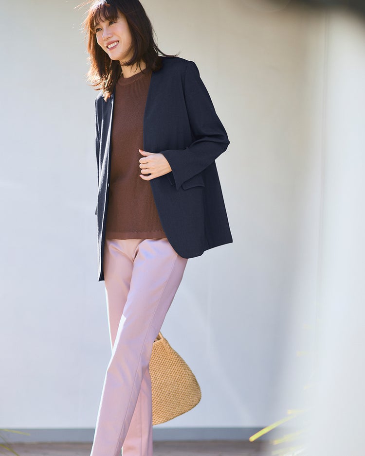 リネン混ストレッチ・ノーカラージャケット 詳細画像 ミッドナイトブルー 1