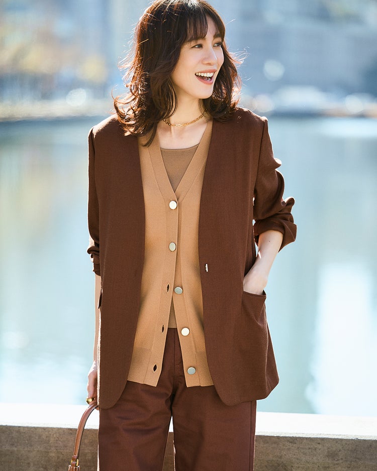 リネン混ストレッチ・ノーカラージャケット 詳細画像 ブラウン 1