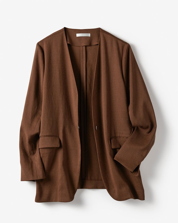 リネン混ストレッチ・ノーカラージャケット 詳細画像 ブラウン 2