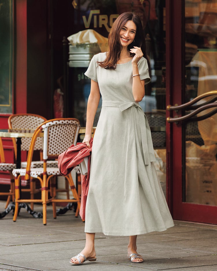 リネン混ストレッチ・アシメタックワンピース 詳細画像 グレー 1