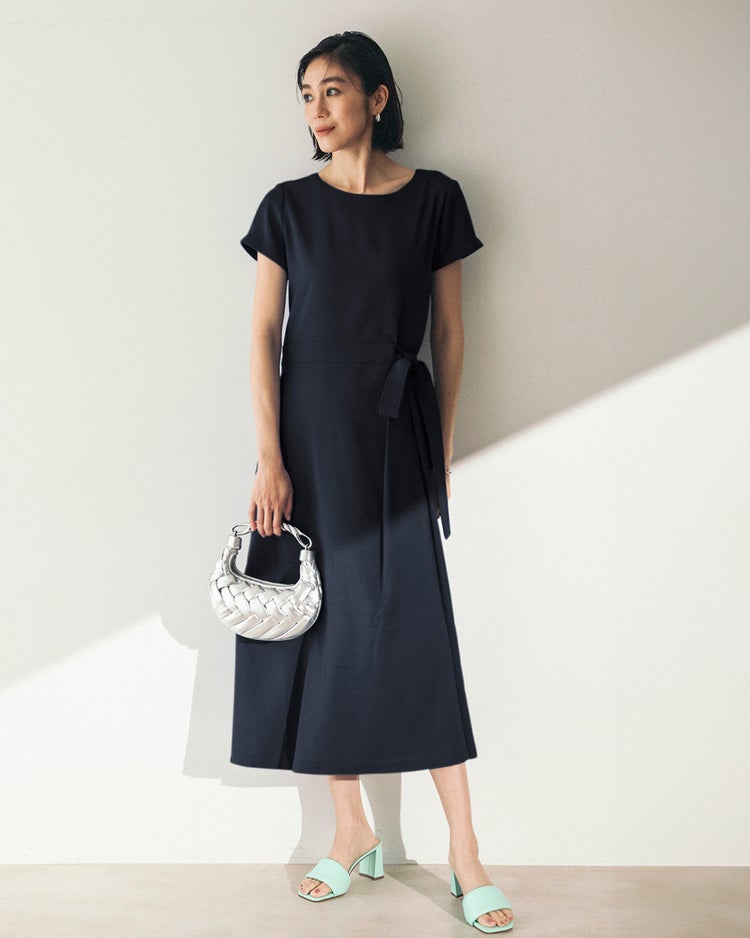 リネン混ストレッチ・アシメタックワンピース 詳細画像 ミッドナイトブルー 1