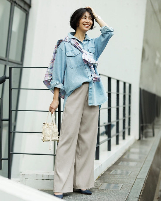 リネン混ストレッチ・イージーワイドパンツ