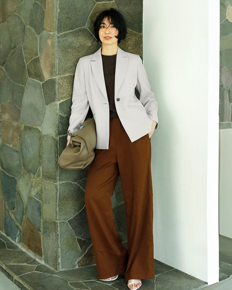 リネン混ストレッチ・イージーワイドパンツ 詳細画像 ブラウン 1