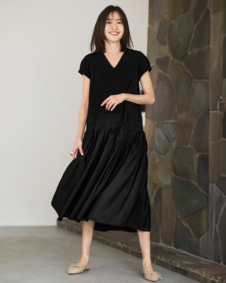 コットンポンチ・異素材デザインワンピース 詳細画像 ブラック 1