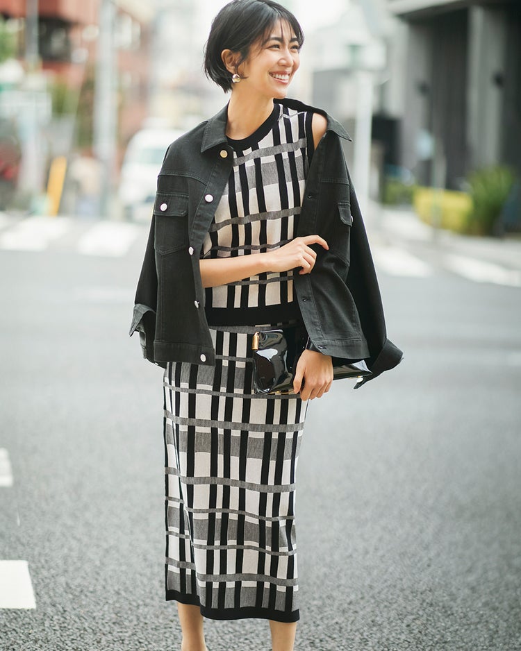 ジャカードニット・チェック柄セットアップ 詳細画像 ブラックパターン 2