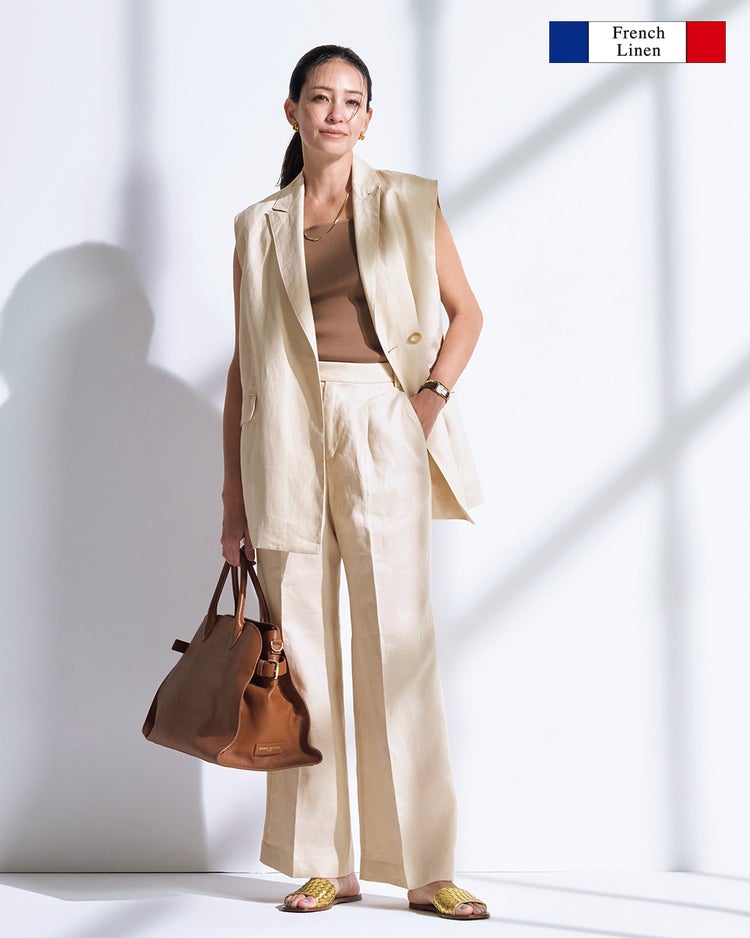 フレンチリネン・タックワイドパンツ 詳細画像 ライトベージュ 1