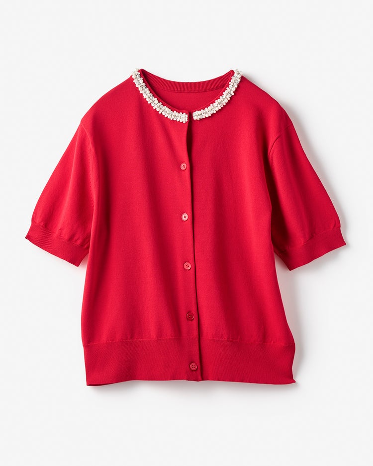 パールビジュー・クルーネックカーディガン 詳細画像 レッド 2