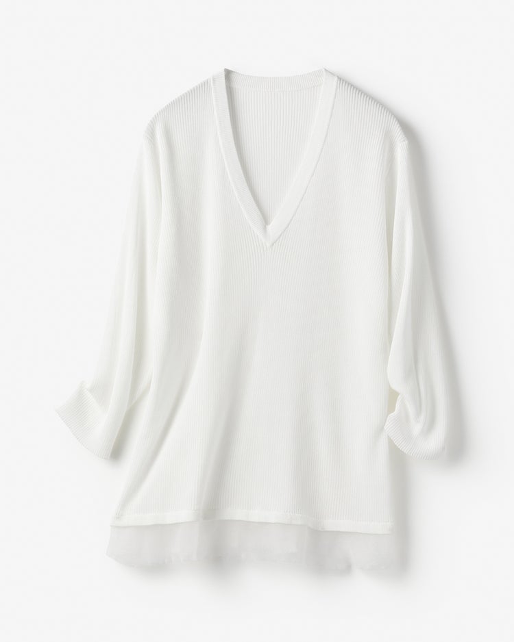 シアーリブ・裾フリルトップス／Vネック 詳細画像 ホワイト 2