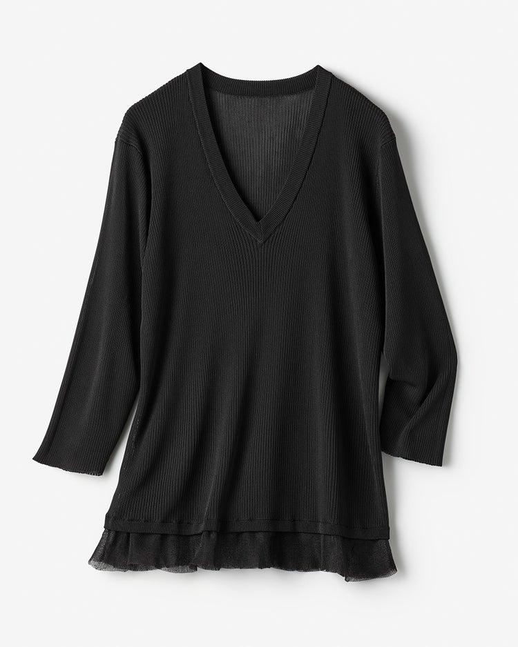 シアーリブ・裾フリルトップス／Vネック 詳細画像 ブラック 2