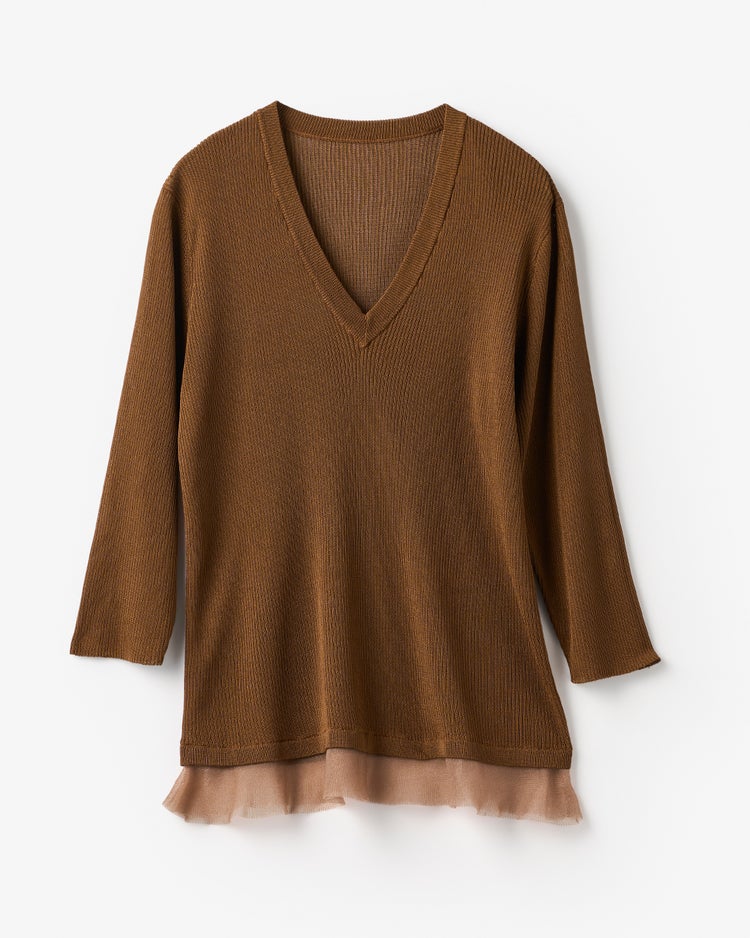 シアーリブ・裾フリルトップス／Vネック 詳細画像 ブラウン 2
