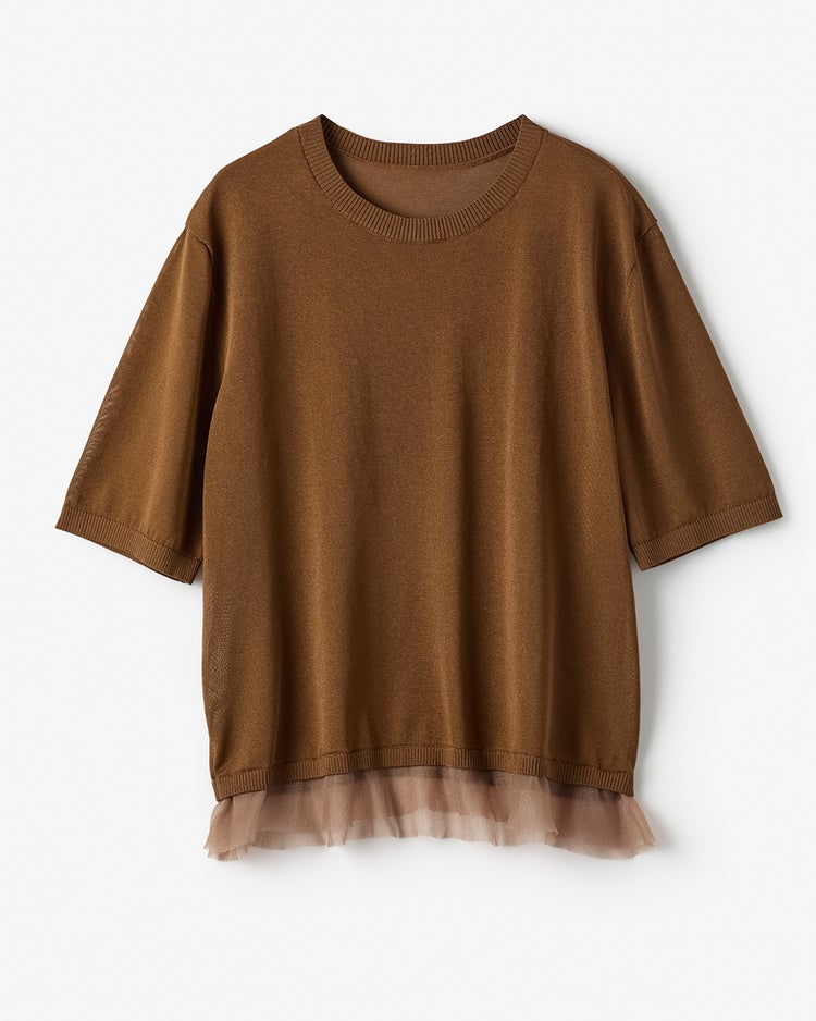 シアーリブ・裾フリルトップス／クルーネック 詳細画像 ブラウン 2