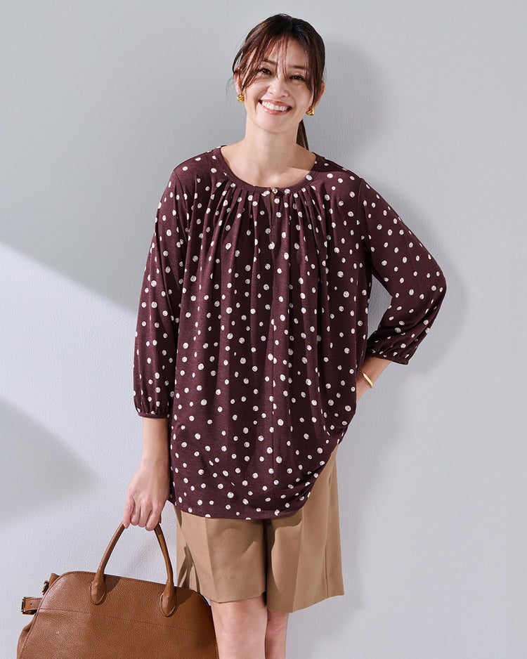 UVスラブ・パフ袖ギャザートップス 詳細画像 ブラウンパターン 1