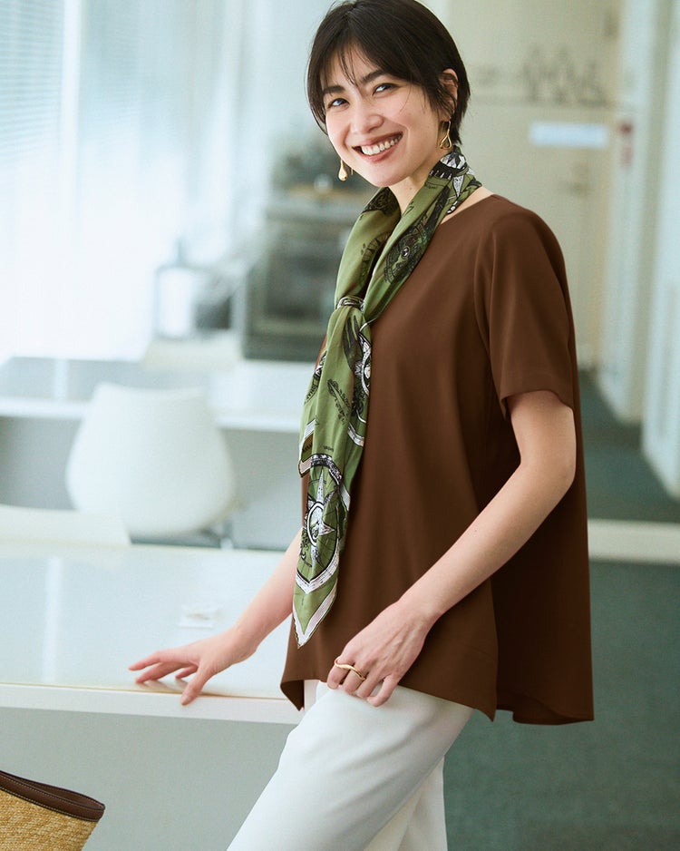 リネン混ストレッチ・Tブラウス 詳細画像 ブラウン 1