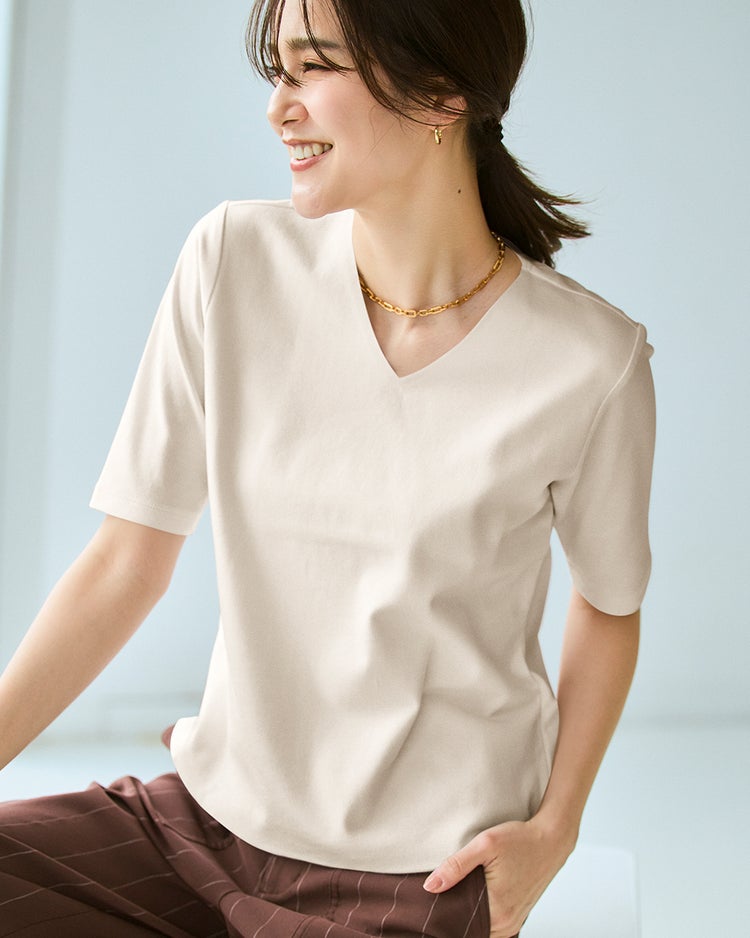 Vネック／5分袖・ドゥクラッセTシャツ 詳細画像 ライトグレー 1