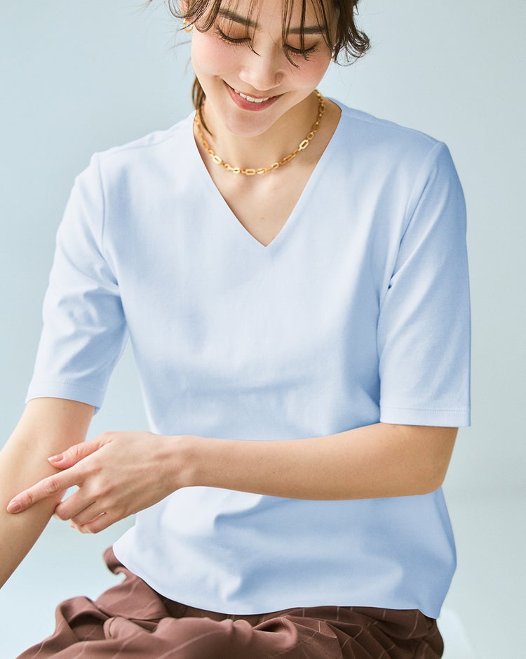 Vネック／5分袖・ドゥクラッセTシャツ 詳細画像 ペールブルー 1