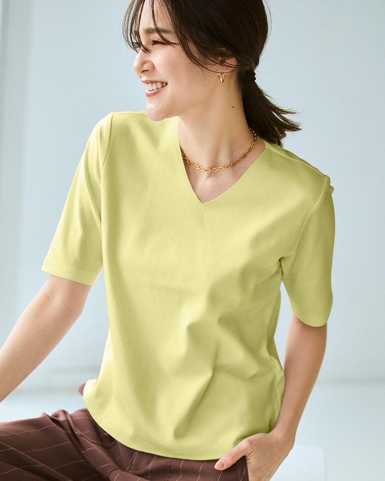 Vネック／5分袖・ドゥクラッセTシャツ 詳細画像 シトロングリーン 1