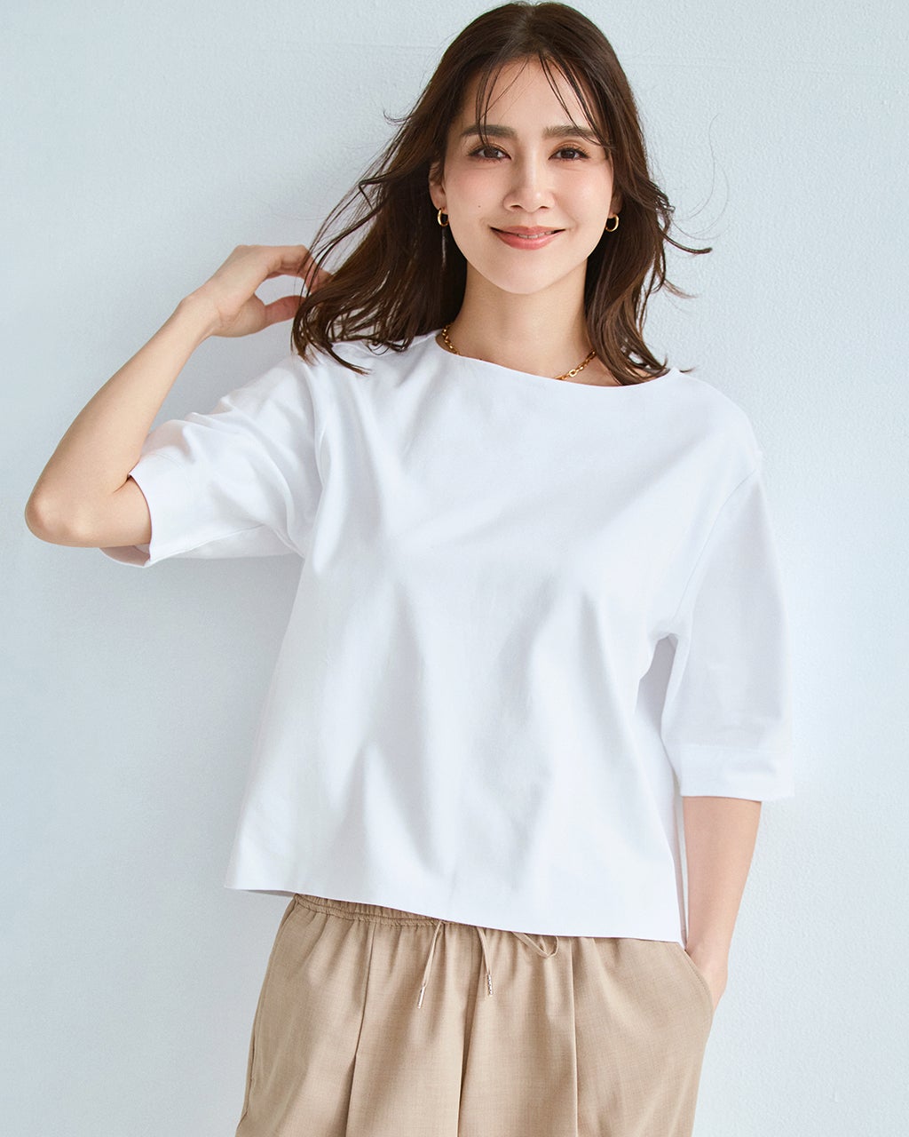 ワイドフォルム／5分袖・ドゥクラッセTシャツ ホワイト