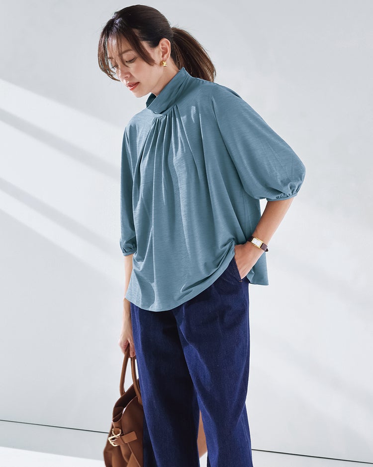 UVスラブ・フレアハイネック／5分袖 詳細画像 ブルーグレー 1