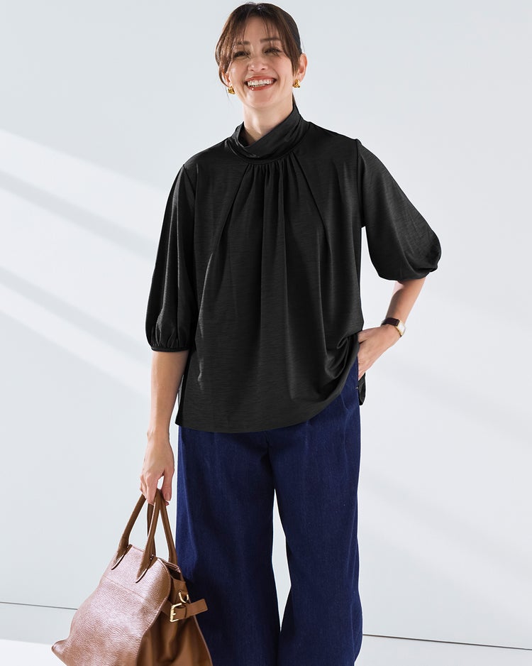 UVスラブ・フレアハイネック／5分袖 詳細画像 ブラック 1