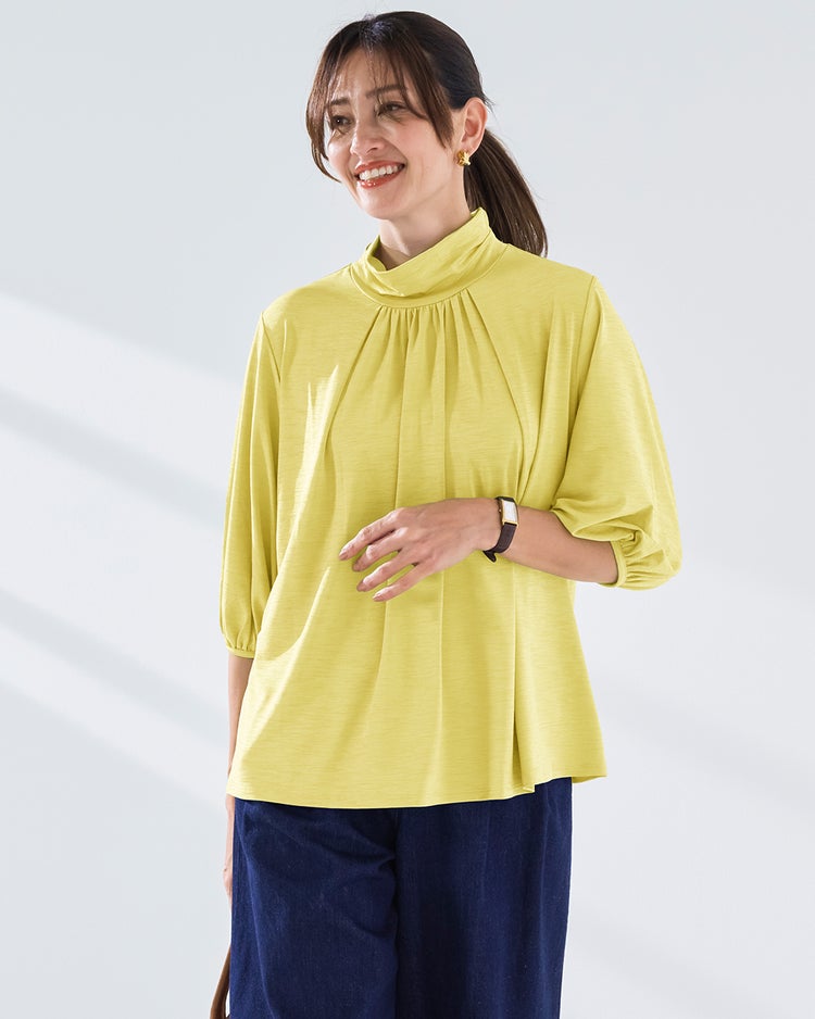 UVスラブ・フレアハイネック／5分袖 詳細画像 ペールイエロー 1