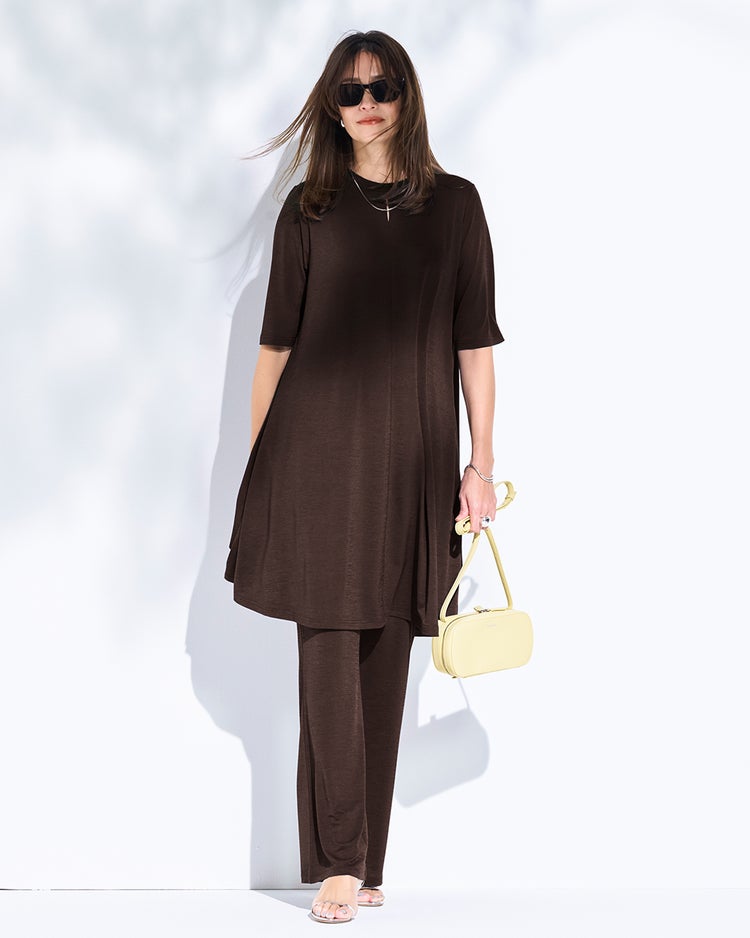 UVスラブ・フレアチュニック／5分袖 詳細画像 ダークブラウン 1
