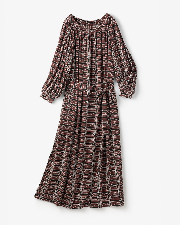 UVスラブ・ギャザーネックワンピース／普通丈 詳細画像 ブラウンマルチ 1