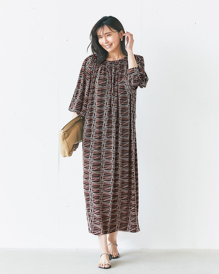 UVスラブ・ギャザーネックワンピース／普通丈 詳細画像 ブラウンマルチ 3