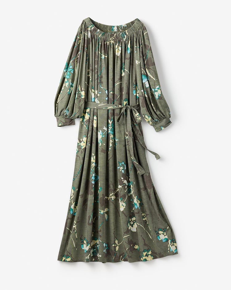 UVスラブ・ギャザーネックワンピース／普通丈 詳細画像 グレー&times;グリーン 1