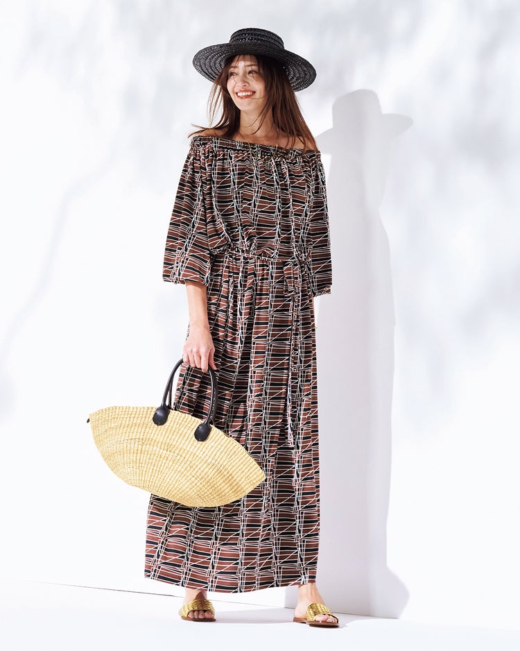 UVスラブ・ギャザーネックワンピース／長め丈 詳細画像 ブラウンマルチ 2