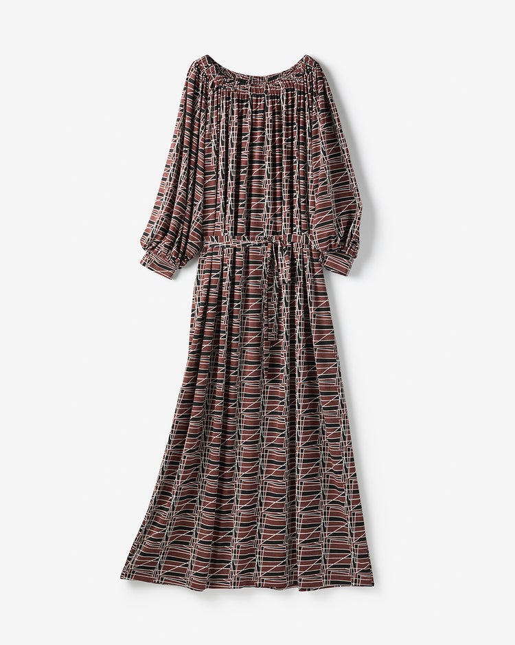 UVスラブ・ギャザーネックワンピース／長め丈 詳細画像 ブラウンマルチ 3