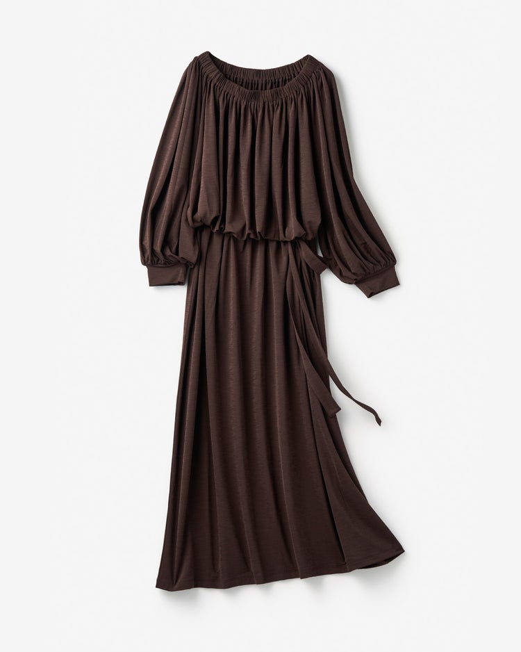 UVスラブ・ギャザーネックワンピース／長め丈 詳細画像 ダークブラウン 1
