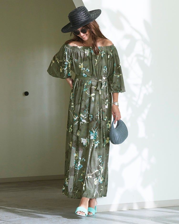 UVスラブ・ギャザーネックワンピース／長め丈 詳細画像 グレー&times;グリーン 1