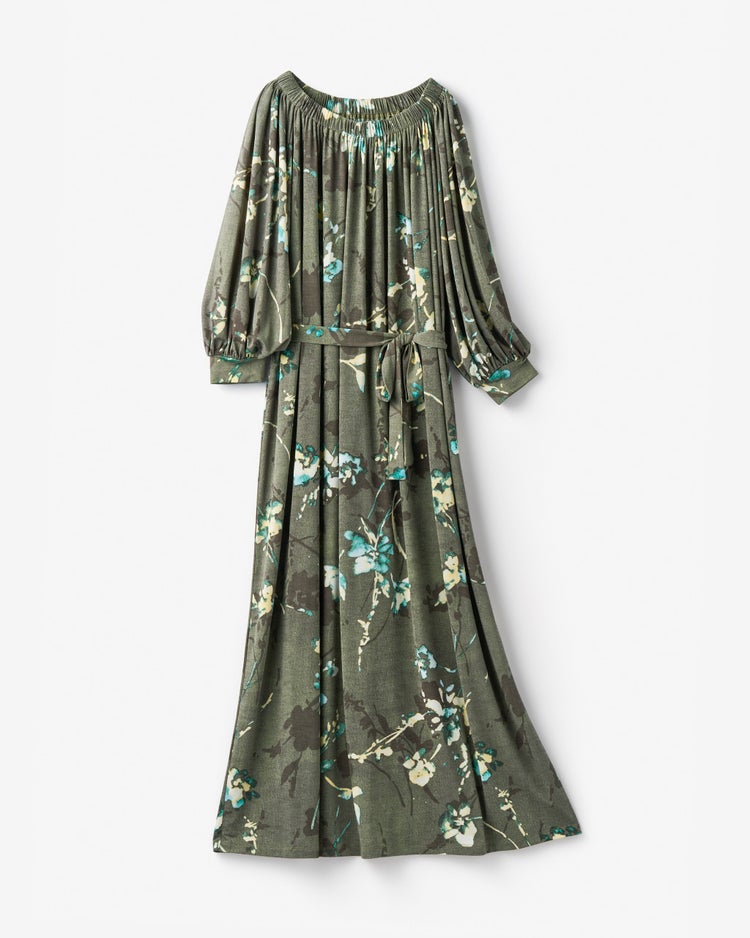 UVスラブ・ギャザーネックワンピース／長め丈 詳細画像 グレー&times;グリーン 2