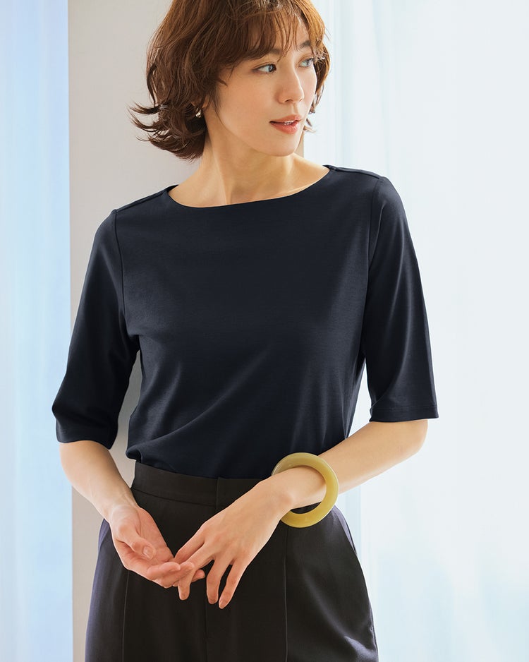ボートネック・5分袖N／スーピマ・ドゥクラッセTシャツ 詳細画像 ミッドナイトブルー 1