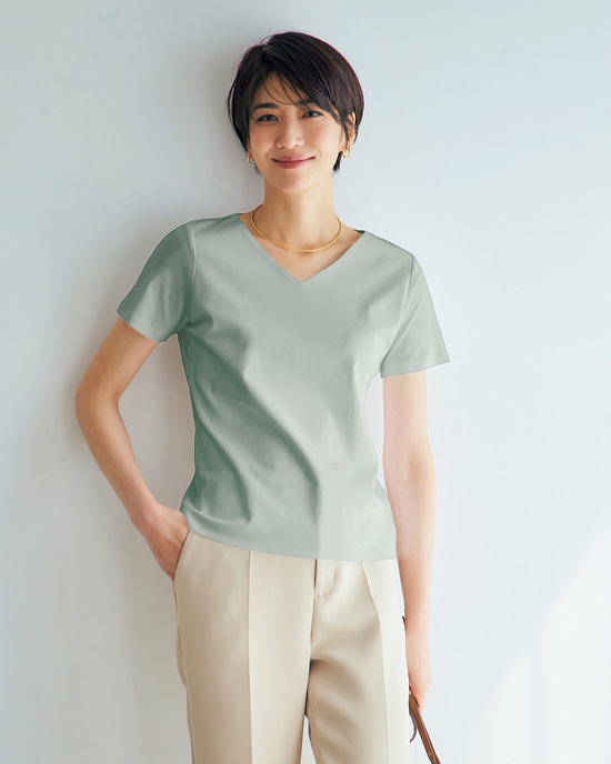 浅Vネック・半袖／スーピマN・ドゥクラッセTシャツ