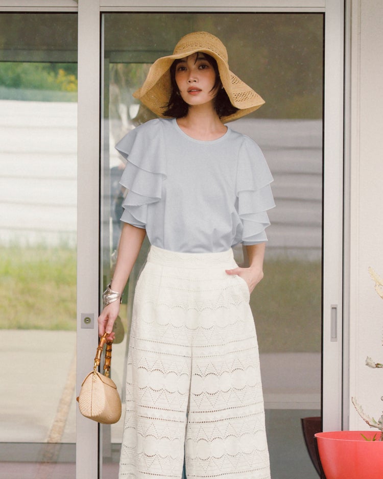 異素材ラッフル袖・クルーネックトップス 詳細画像 スモーキーブルー 1