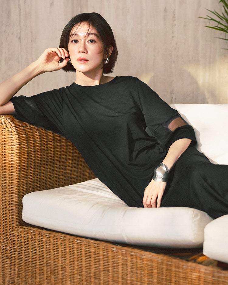 ランタンスリーブ・シアー切替ワンピース 詳細画像 ブラック 1