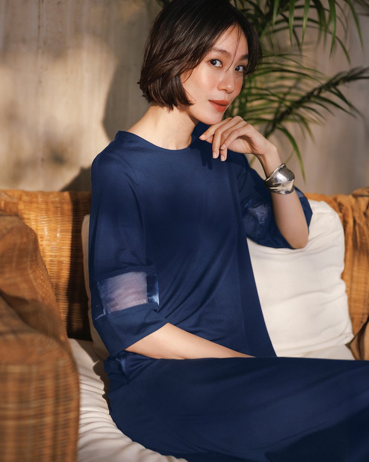 ランタンスリーブ・シアー切替ワンピース 詳細画像 ネイビー 1