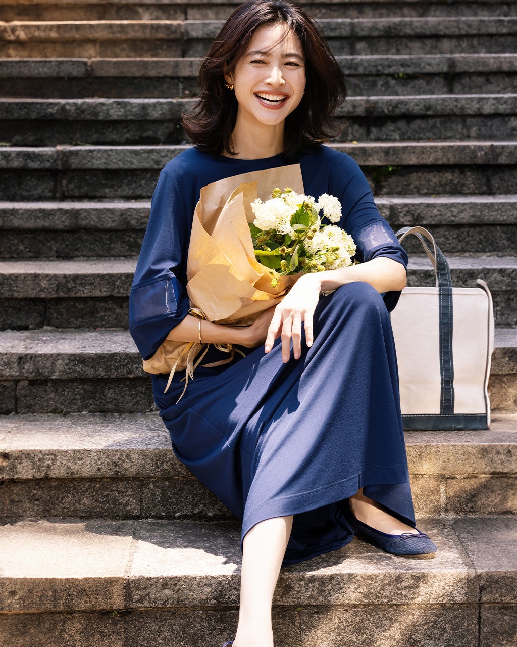 VIRINA ネイビー シアーランタンスリーブ ワンピース ランタンスリーブ・シアー切替ワンピース/DoCLASSE