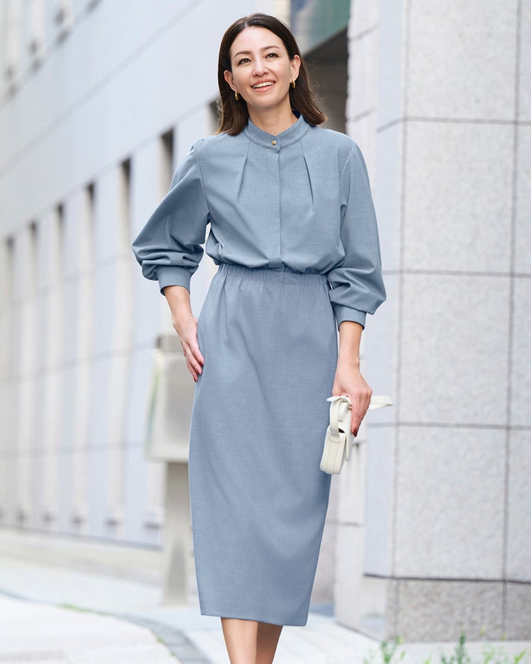 ビスコースツイル・フロントギャザーワンピース 詳細画像 ダスティーブルー 2