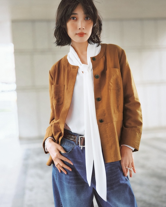 シャンタン風・ノーカラーシャツジャケット
