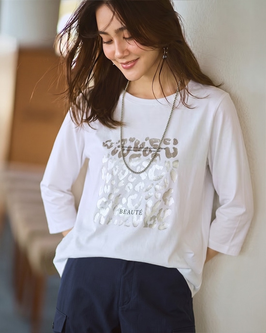 コットン混・グラフィックTシャツ/8分袖