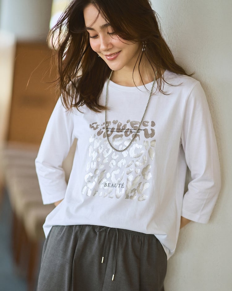 コットン混・グラフィックTシャツ／8分袖 詳細画像 ホワイト・パターン 1