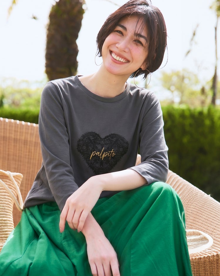 コットン混・グラフィックTシャツ／8分袖 詳細画像 チャコール/ブラック 1