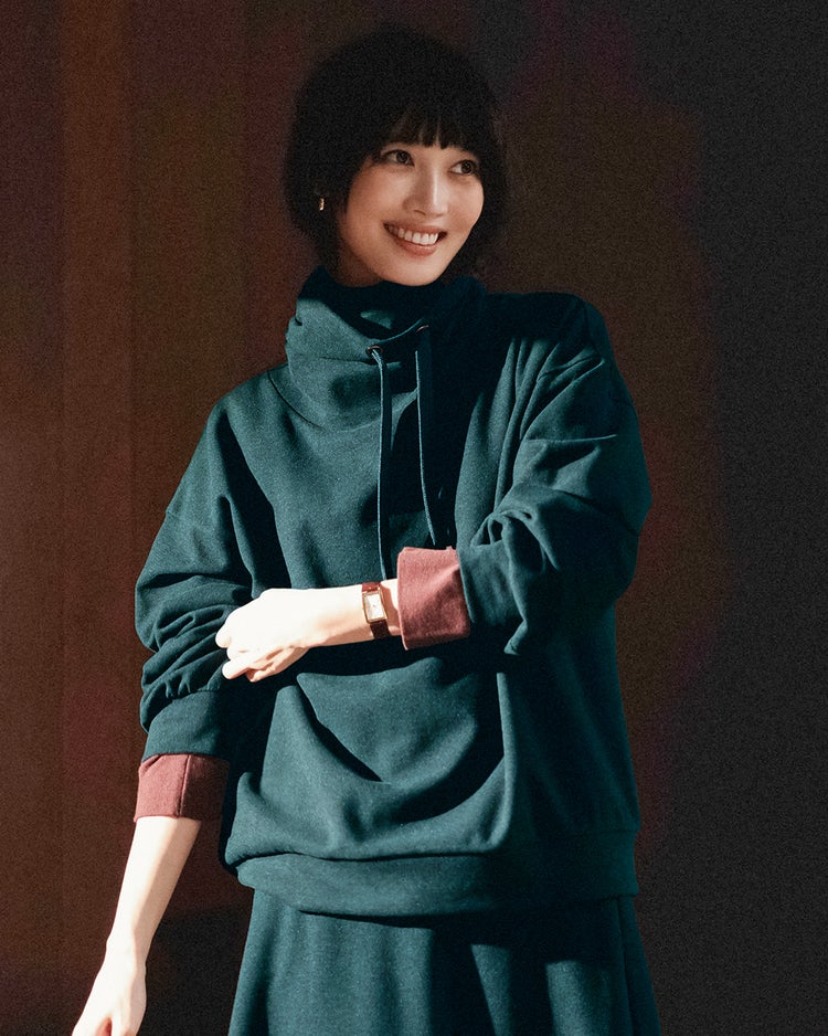 微起毛ストレッチ・デザインネックプルオーバー 詳細画像 ダークグリーン 1